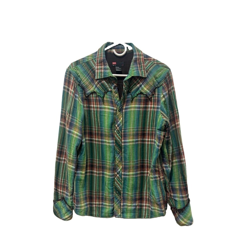 Diesel Green Plaid Western Snap Shirt size M men cowboy cotton fringe seams vtg - Picture 1 of 9